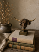 schotse hooglander beeld, hooglander decoratie, koe beeld landelijk, stoer en sober interieur, aura peeperkorn stijl, hoffz stijl, landelijke woonaccessoires, koe beeld polystone, decoratie beeld koe, 